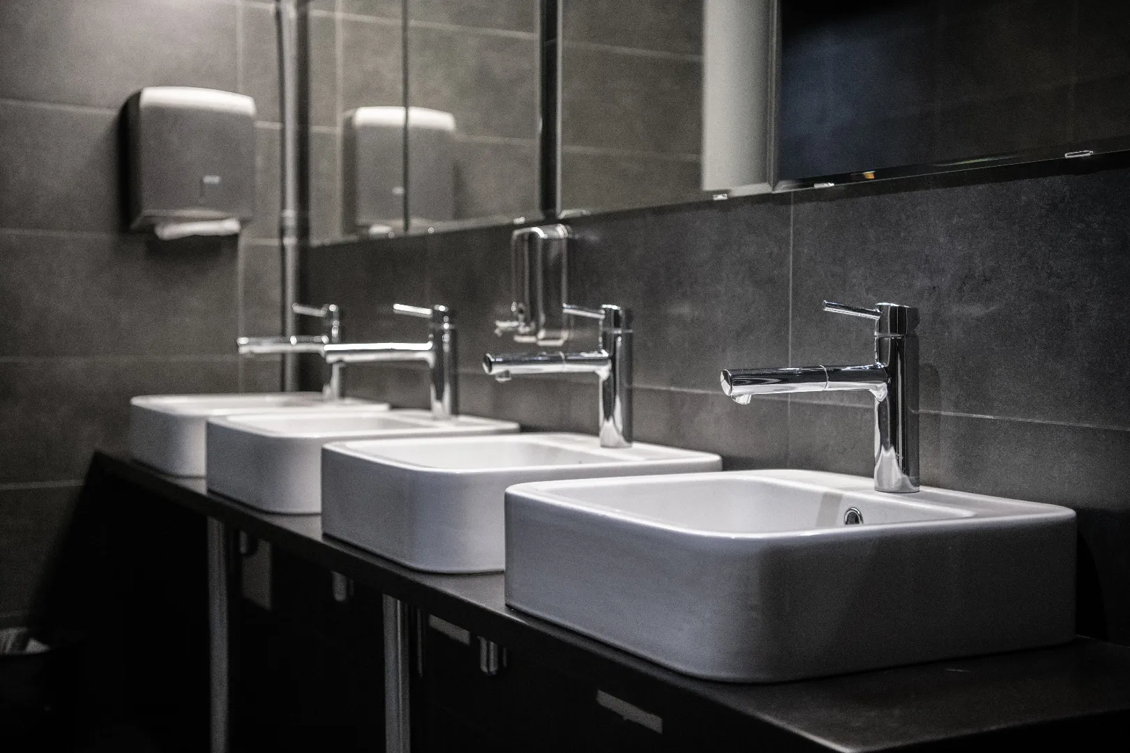 Commercial Plumbing: Modern Bathroom Renovation Toronto GTA Modern commercial public bathroom renovation by licensed plumber in Toronto GTA, professional commercial plumbing